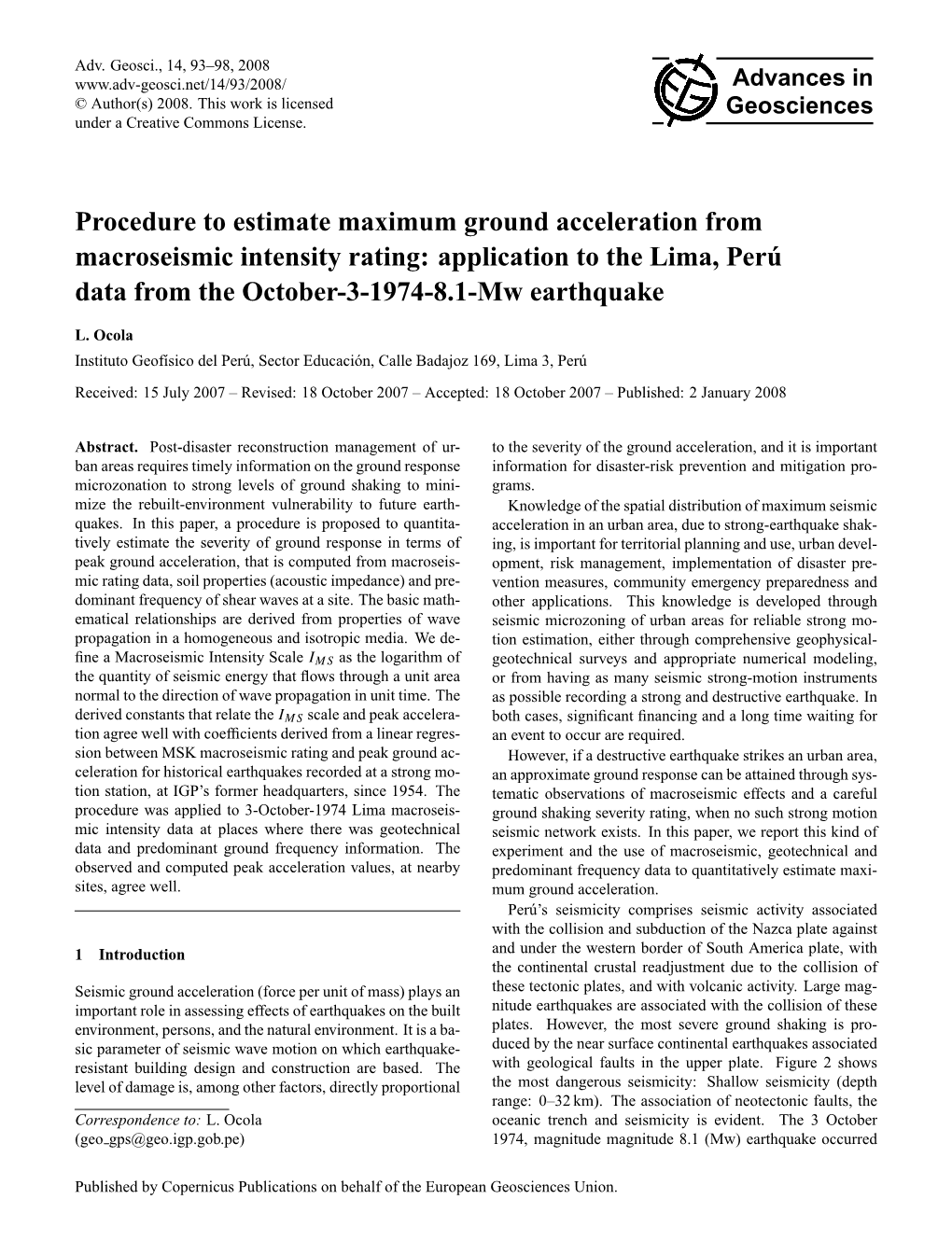 Procedure to Estimate Maximum Ground Acceleration from Macroseismic Intensity Rating: Application to the Lima, Peru´ Data from the October-3-1974-8.1-Mw Earthquake