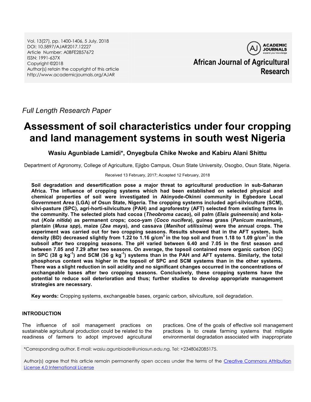 Assessment of Soil Characteristics Under Four Cropping and Land Management Systems in South West Nigeria