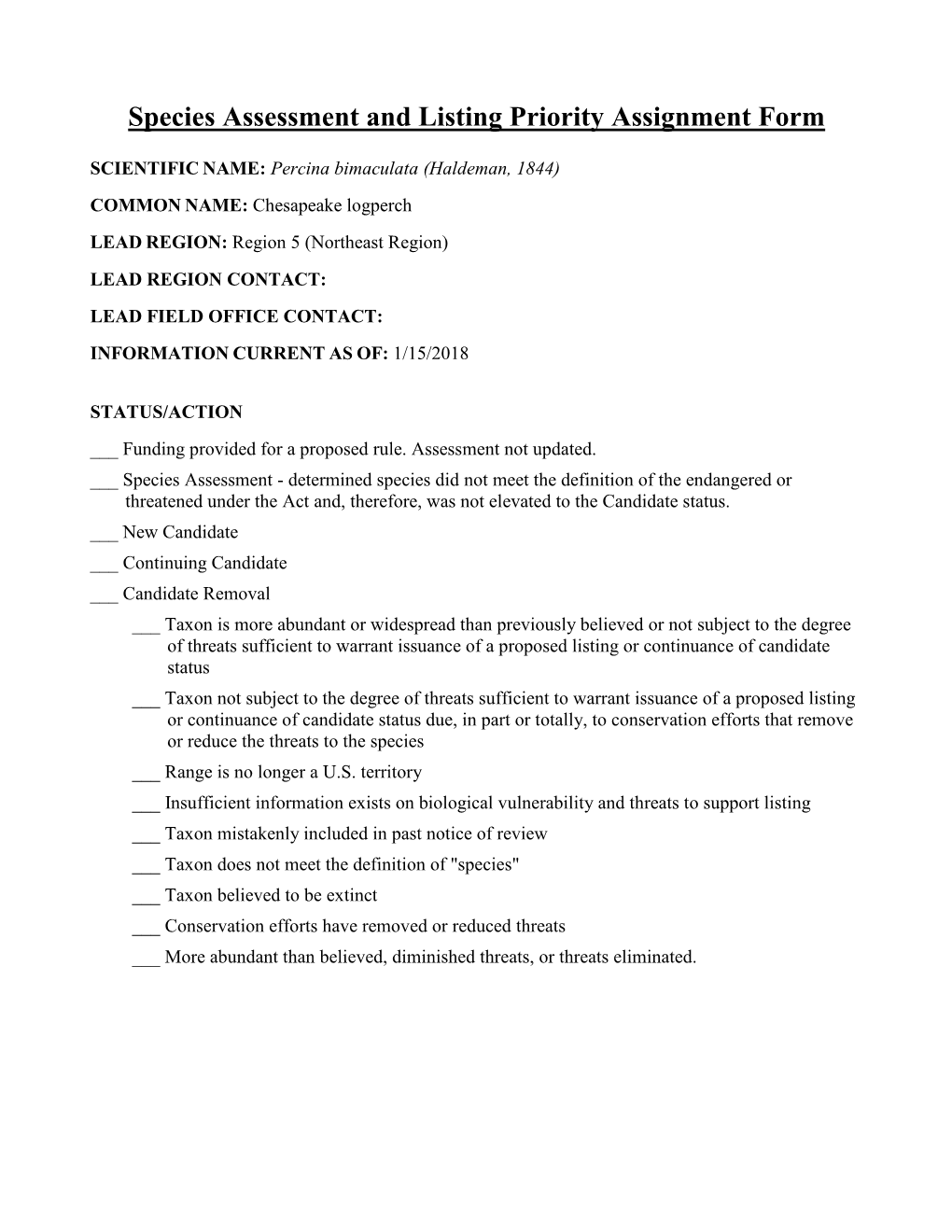 Species Assessment and Listing Priority Assignment Form