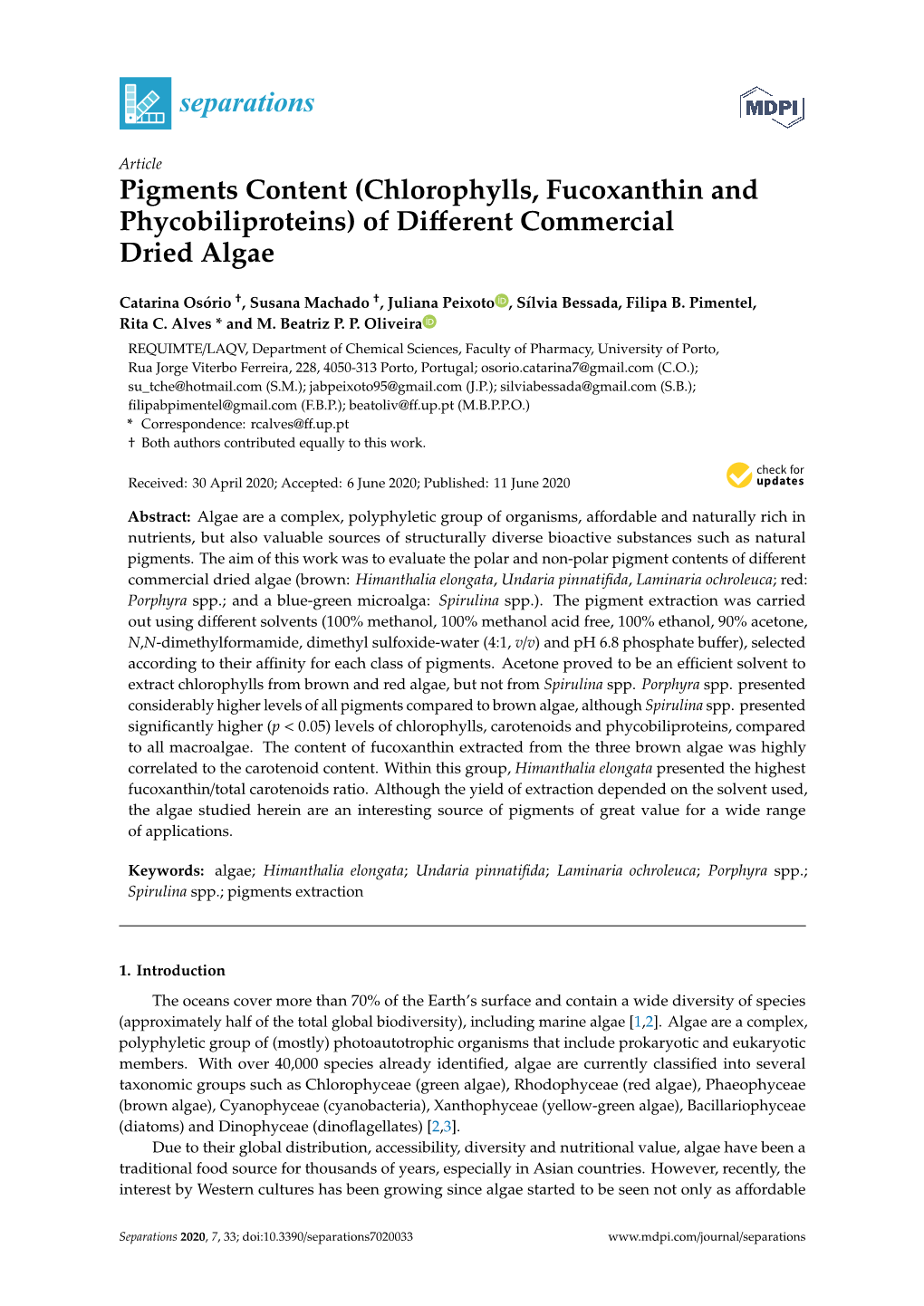 Pigments Content (Chlorophylls, Fucoxanthin and Phycobiliproteins) of Diﬀerent Commercial Dried Algae