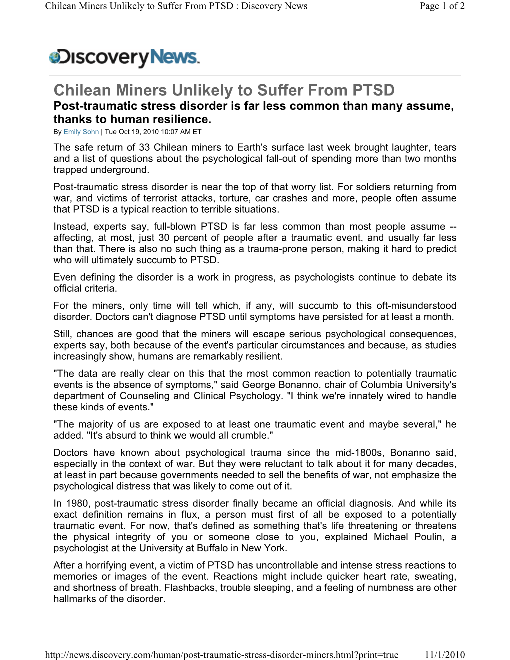 Chilean Miners Unlikely to Suffer from PTSD : Discovery News Page 1 of 2