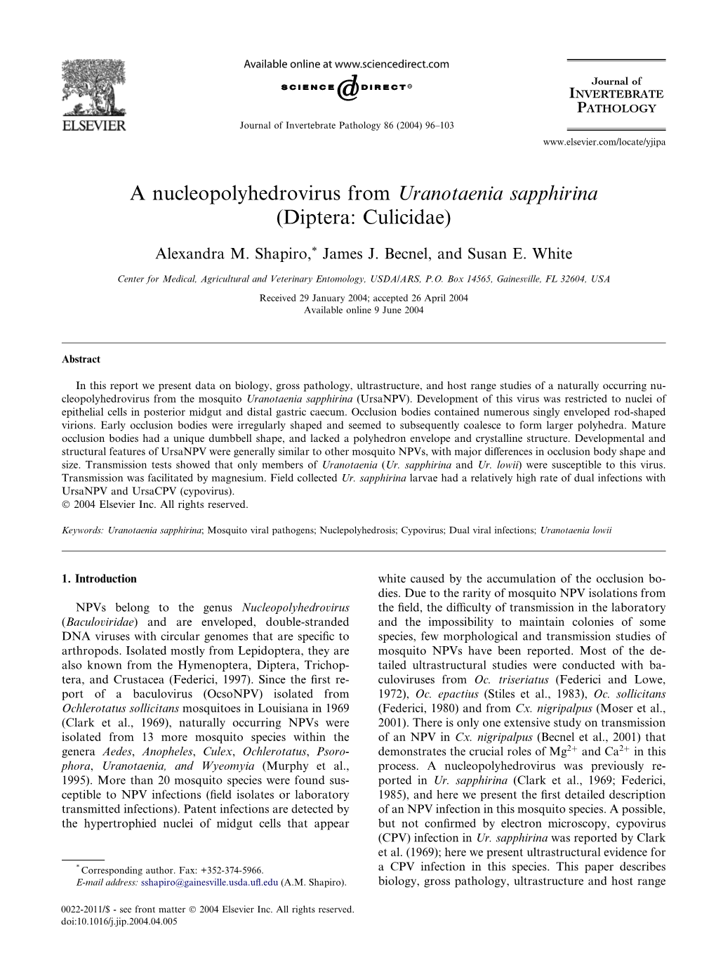 A Nucleopolyhedrovirus from Uranotaenia Sapphirina (Diptera: Culicidae)