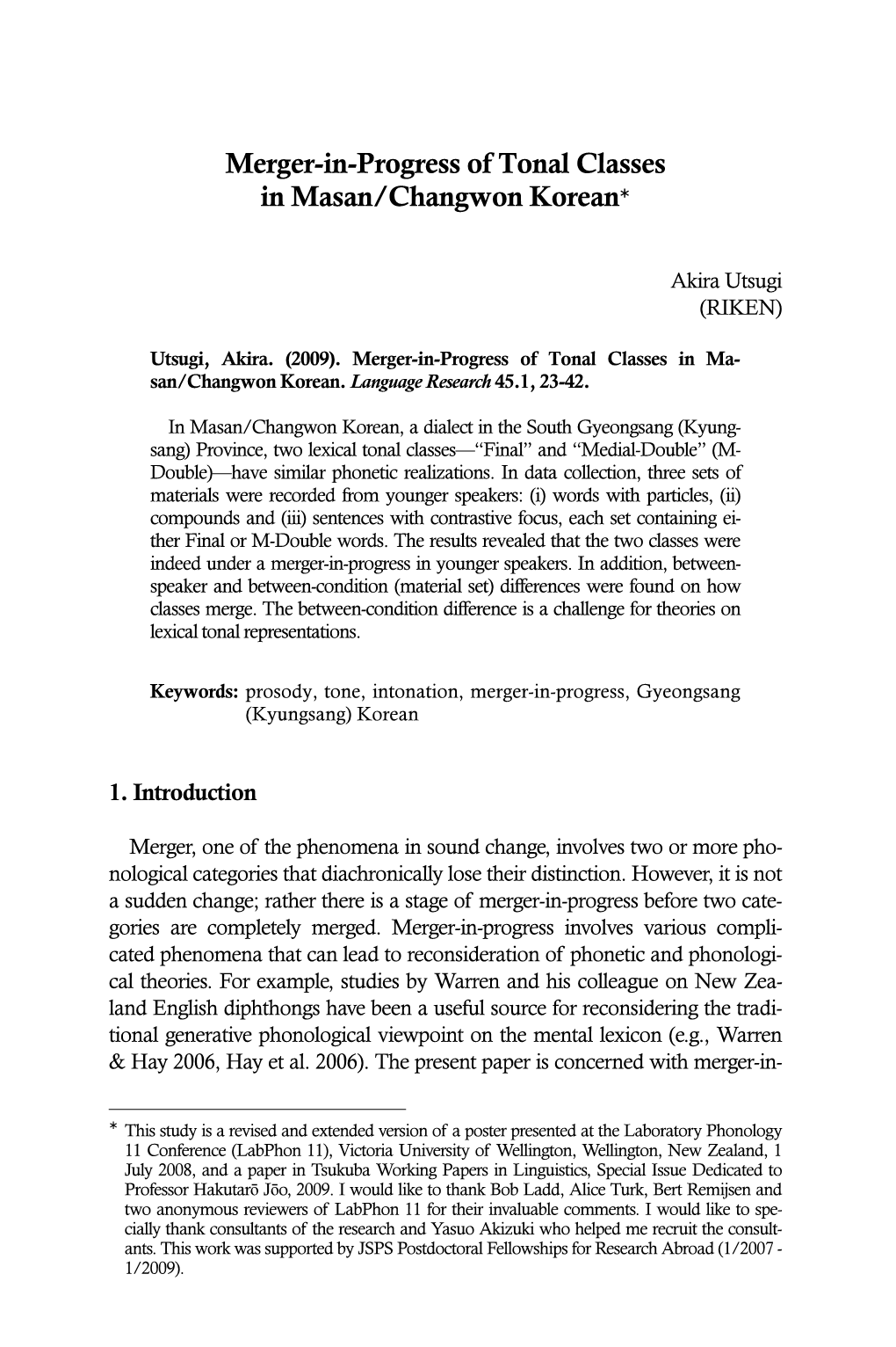 Merger-In-Progress of Tonal Classes in Masan/Changwon Korean