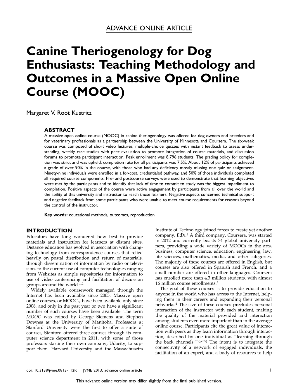 Canine Theriogenology for Dog Enthusiasts: Teaching Methodology and Outcomes in a Massive Open Online Course (MOOC)