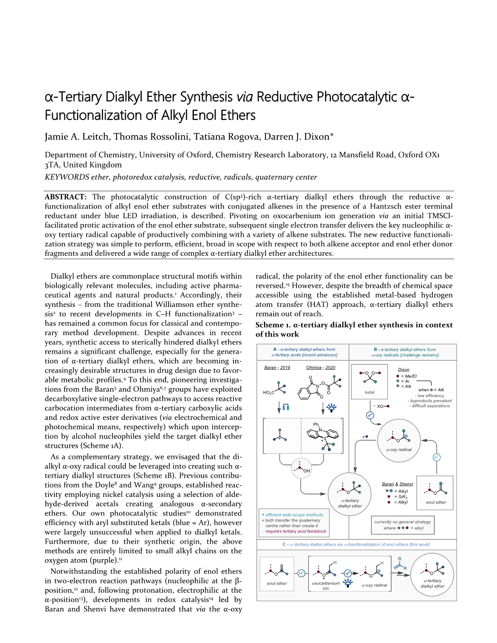 Α-Tertiary Dialkyl Ether Synthesis Via Reductive Photocatalytic Α- Functionalization of Alkyl Enol Ethers