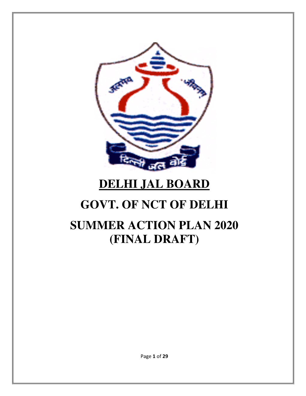 Delhi Jal Board Govt. of Nct of Delhi Summer Action Plan 2020 (Final Draft)