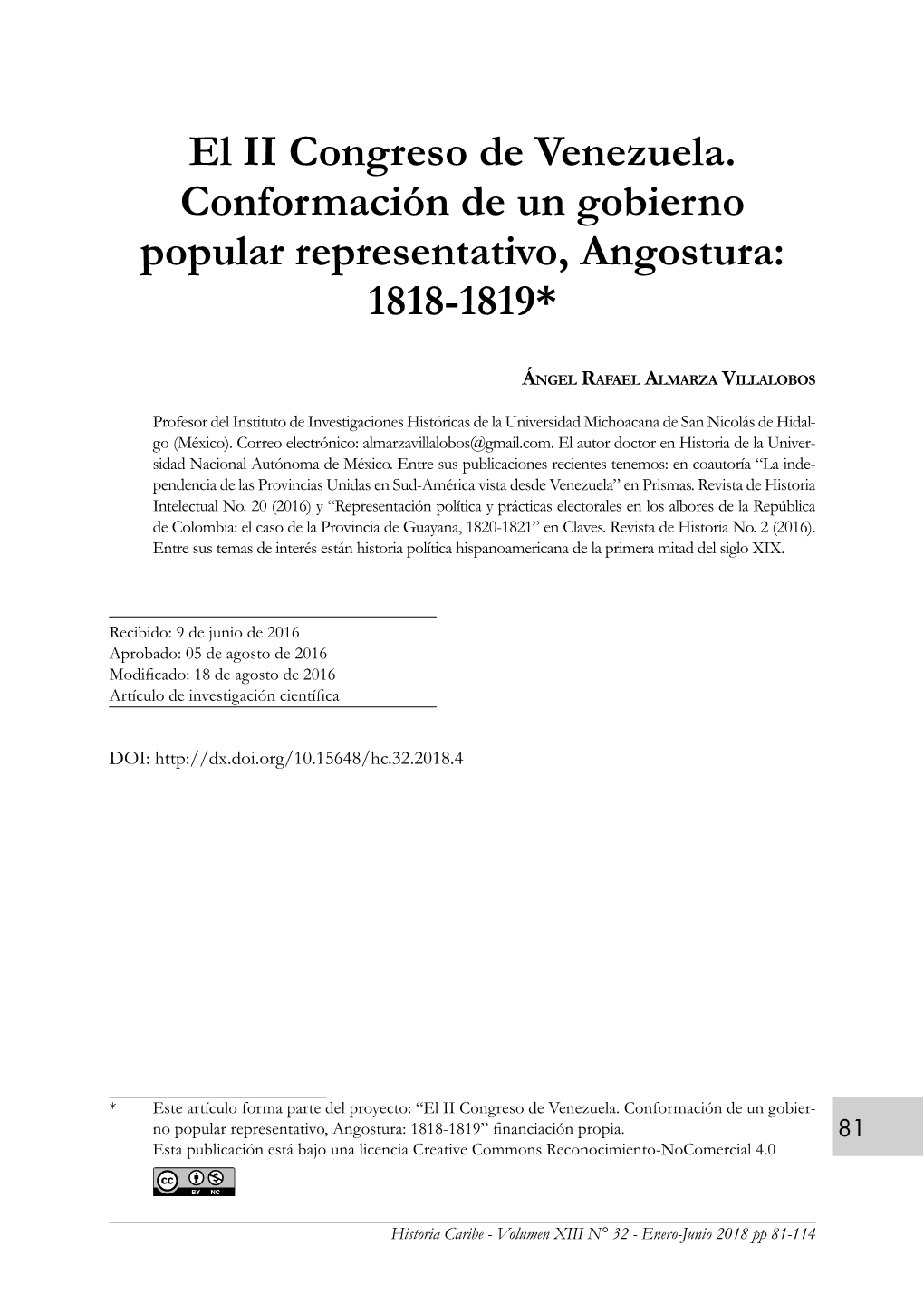 El II Congreso De Venezuela. Conformación De Un Gobierno Popular Representativo, Angostura: 1818-1819*