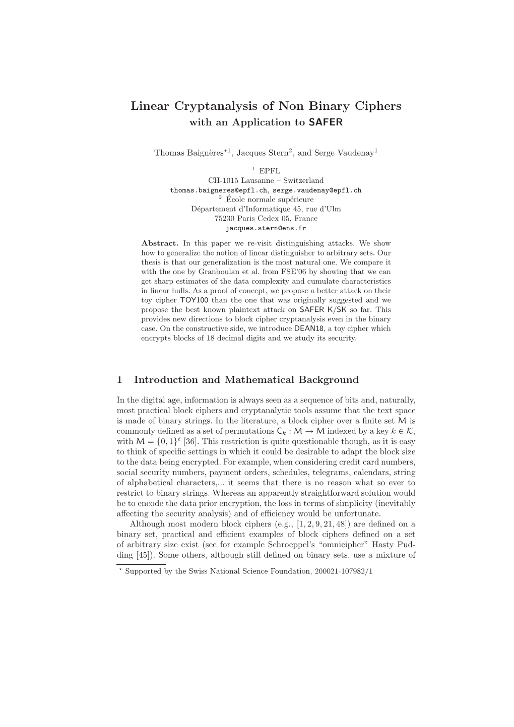 Linear Cryptanalysis of Non Binary Ciphers with an Application to SAFER