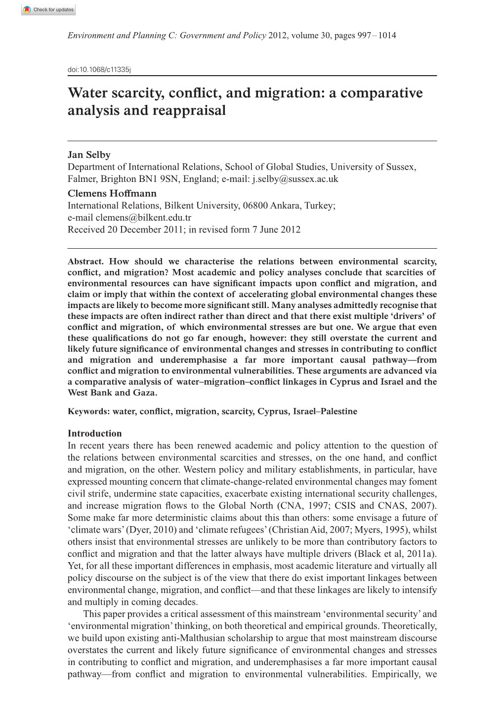 Water Scarcity, Conflict, and Migration: a Comparative Analysis