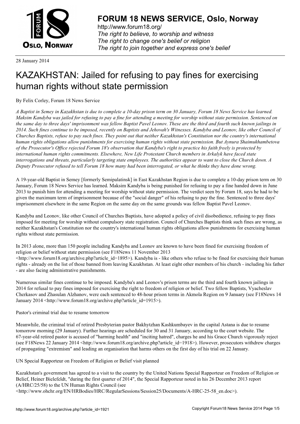 KAZAKHSTAN: Jailed for Refusing to Pay Fines for Exercising Human Rights Without State Permission