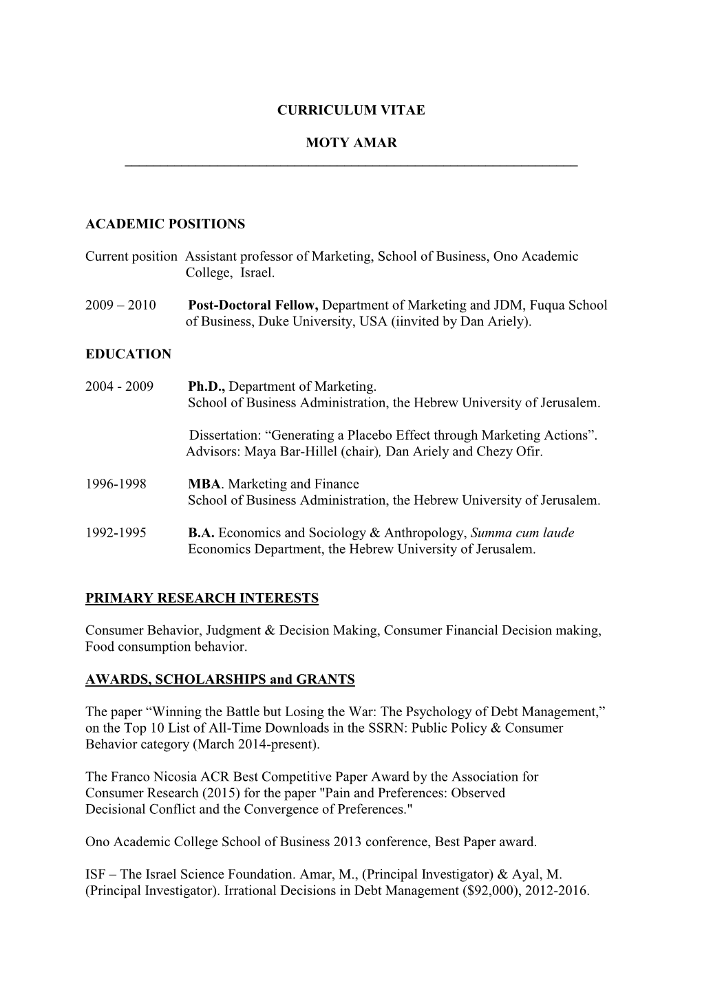 CURRICULUM VITAE MOTY AMAR ACADEMIC POSITIONS Current Position