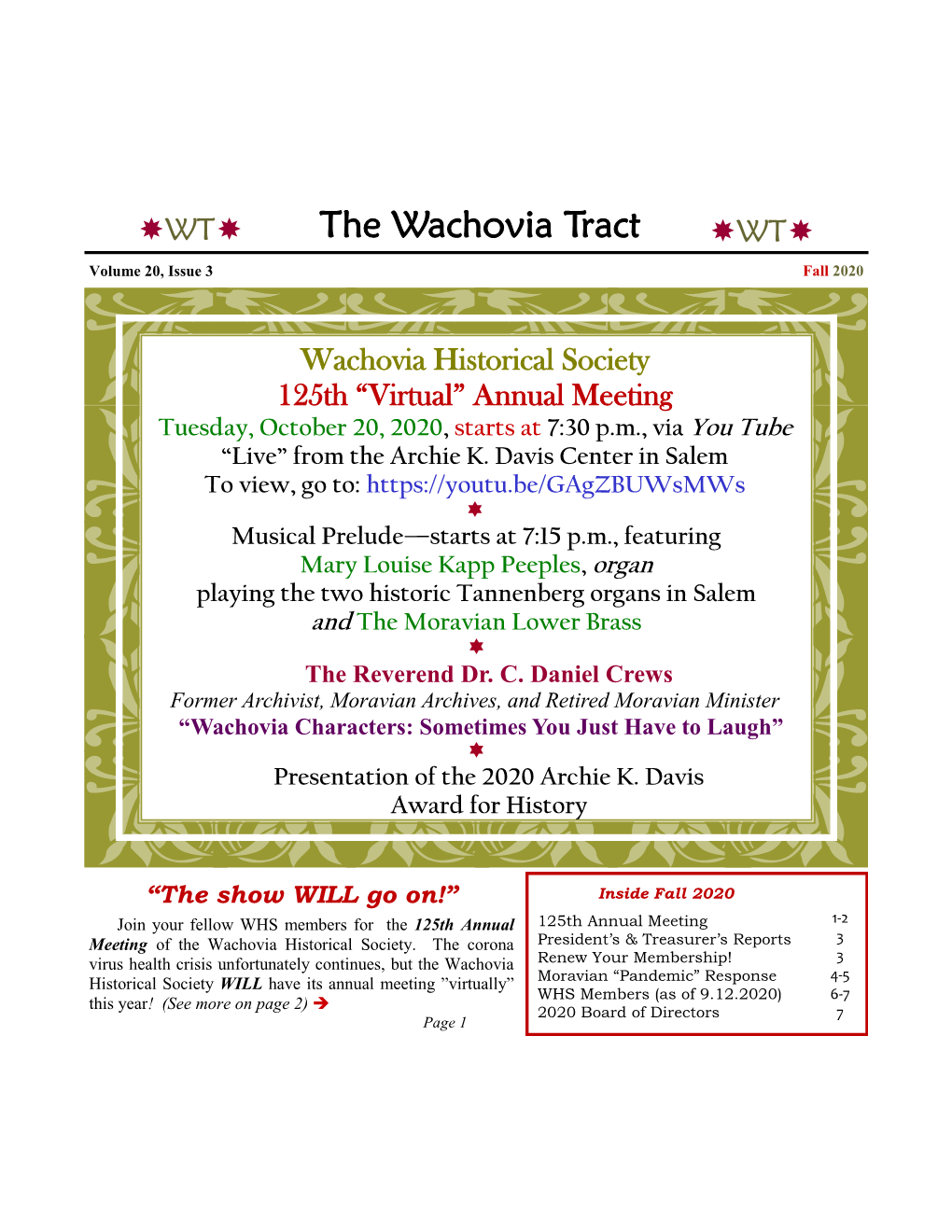 The Wachovia Tract WT Volume 20, Issue 3 Fall 2020