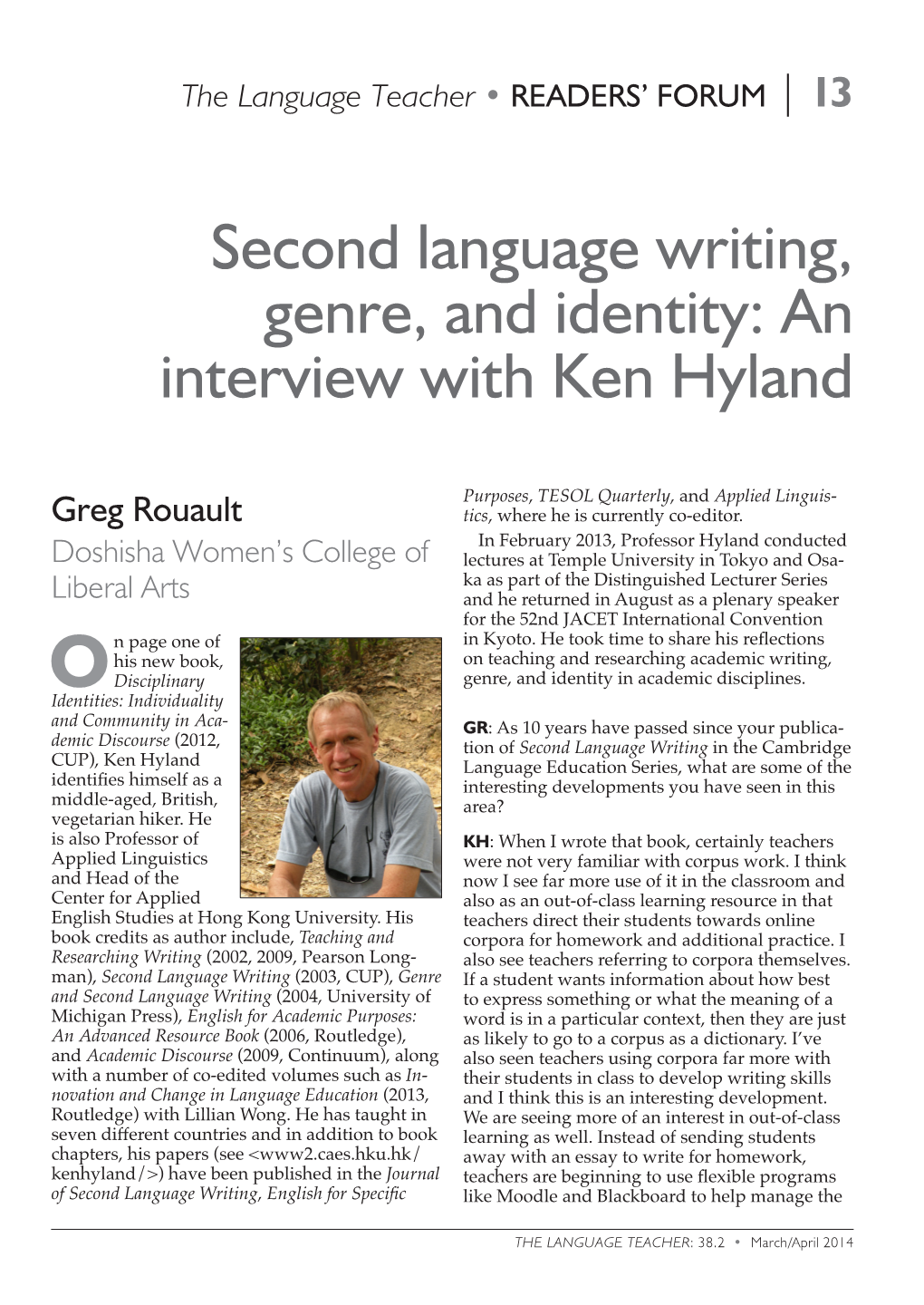 Second Language Writing, Genre, and Identity: an Interview with Ken Hyland