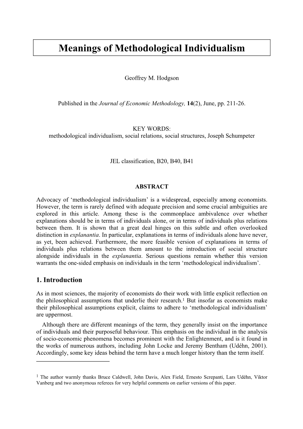 Hodgson, Geoffrey, M.: Meanings of Methodological Individualism