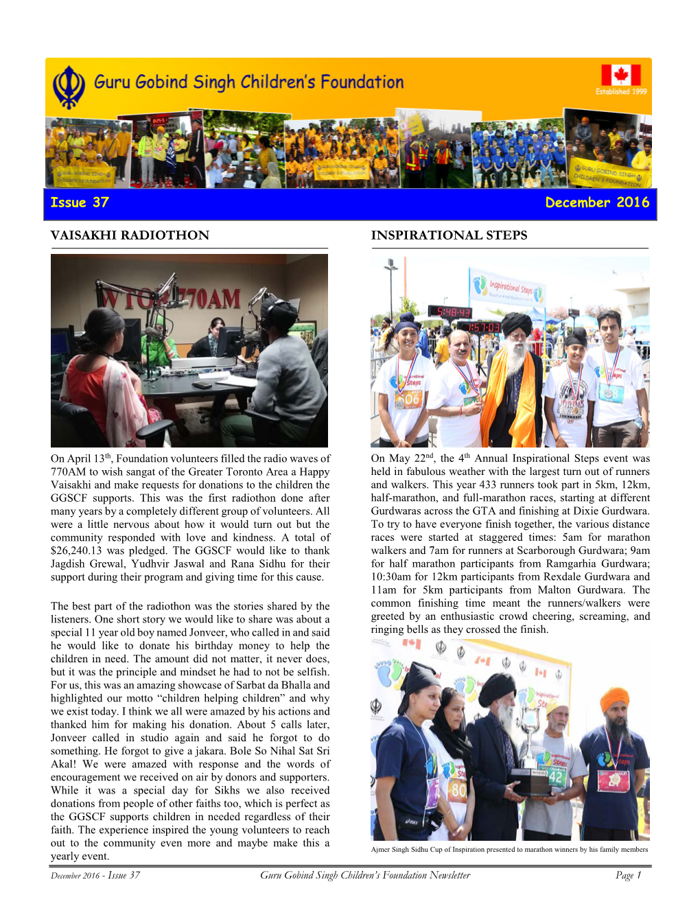 Issue 37 December 2016 VAISAKHI RADIOTHON INSPIRATIONAL