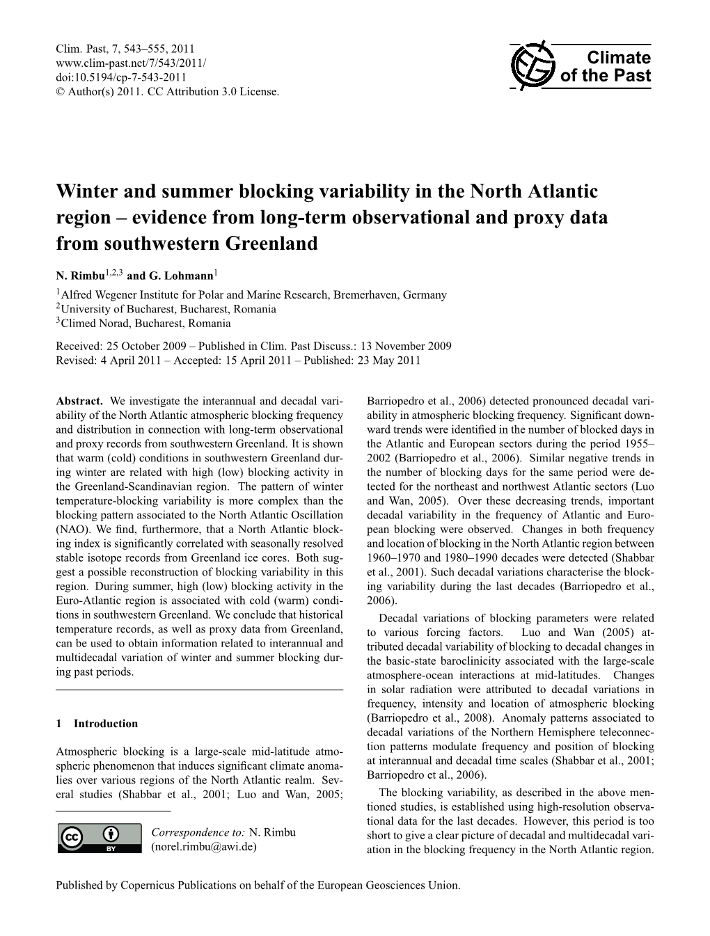 Winter and Summer Blocking Variability in the North Atlantic Region – Evidence from Long-Term Observational and Proxy Data from Southwestern Greenland