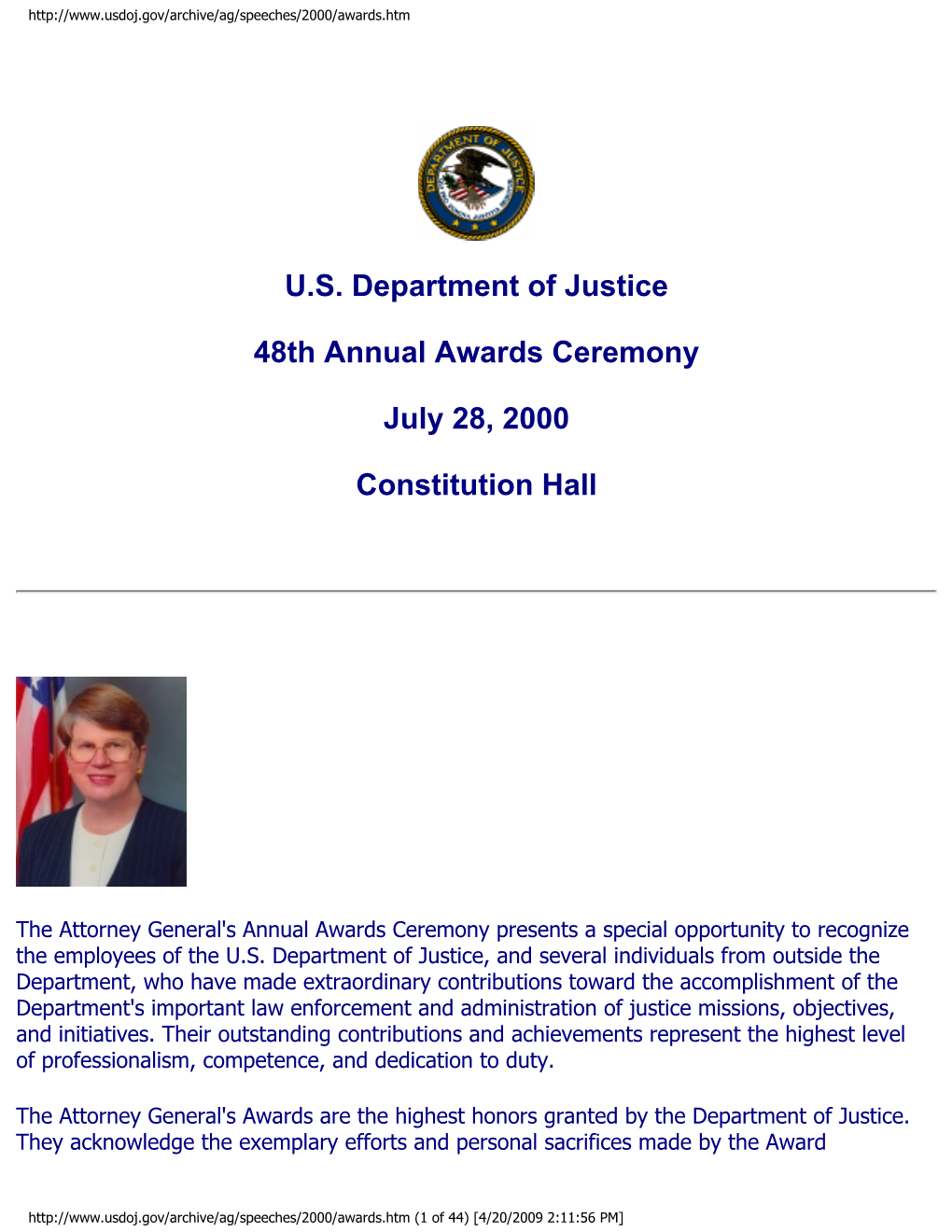 [Remarks of Attorney General Janet Reno At] U.S. Department of Justice 48Th Annual Awards Ceremony, July 28, 2000, Constitution