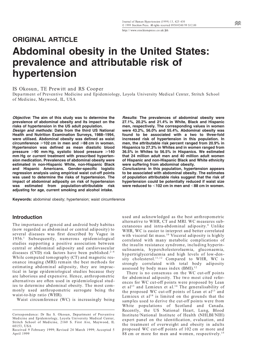 Abdominal Obesity in the United States: Prevalence and Attributable Risk of Hypertension