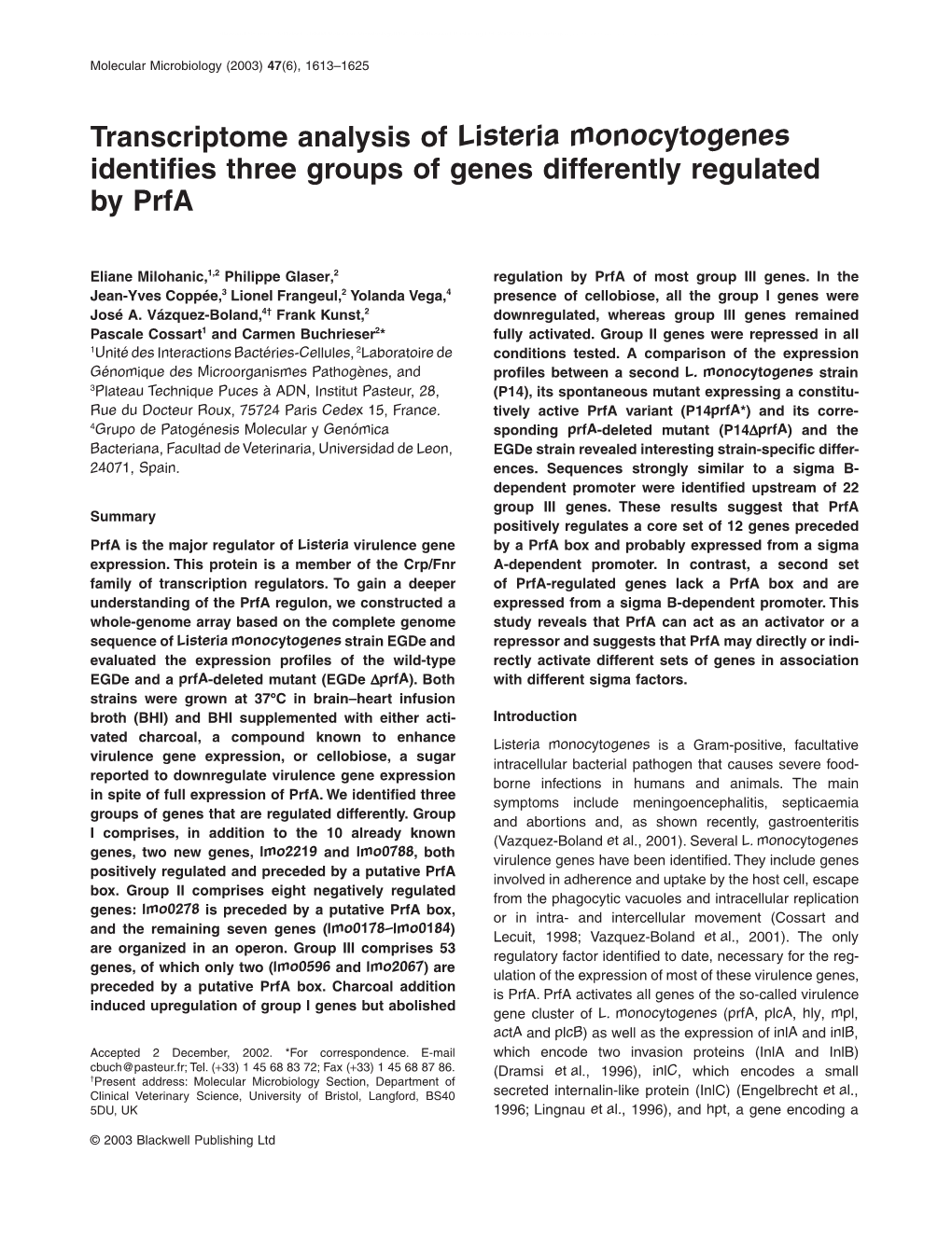 Transcriptome Analysis of Listeria Monocytogenes Identifies Three Groups of Genes Differently Regulated by Prfa