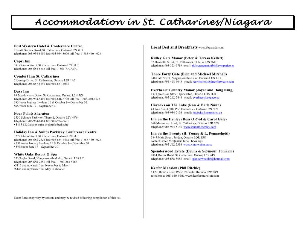 Accommodation in St. Catharines/Niagara