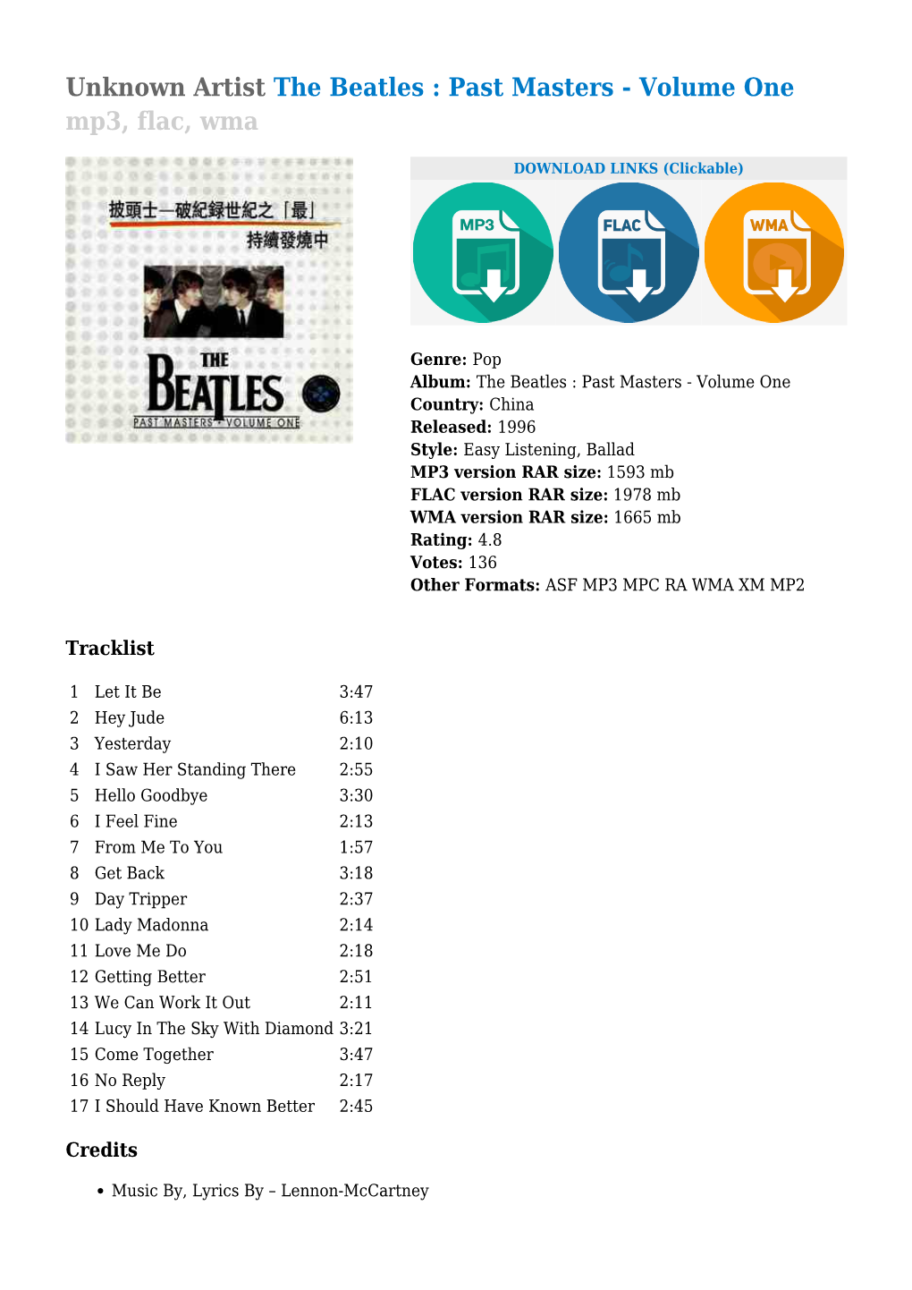 Unknown Artist the Beatles : Past Masters - Volume One Mp3, Flac, Wma