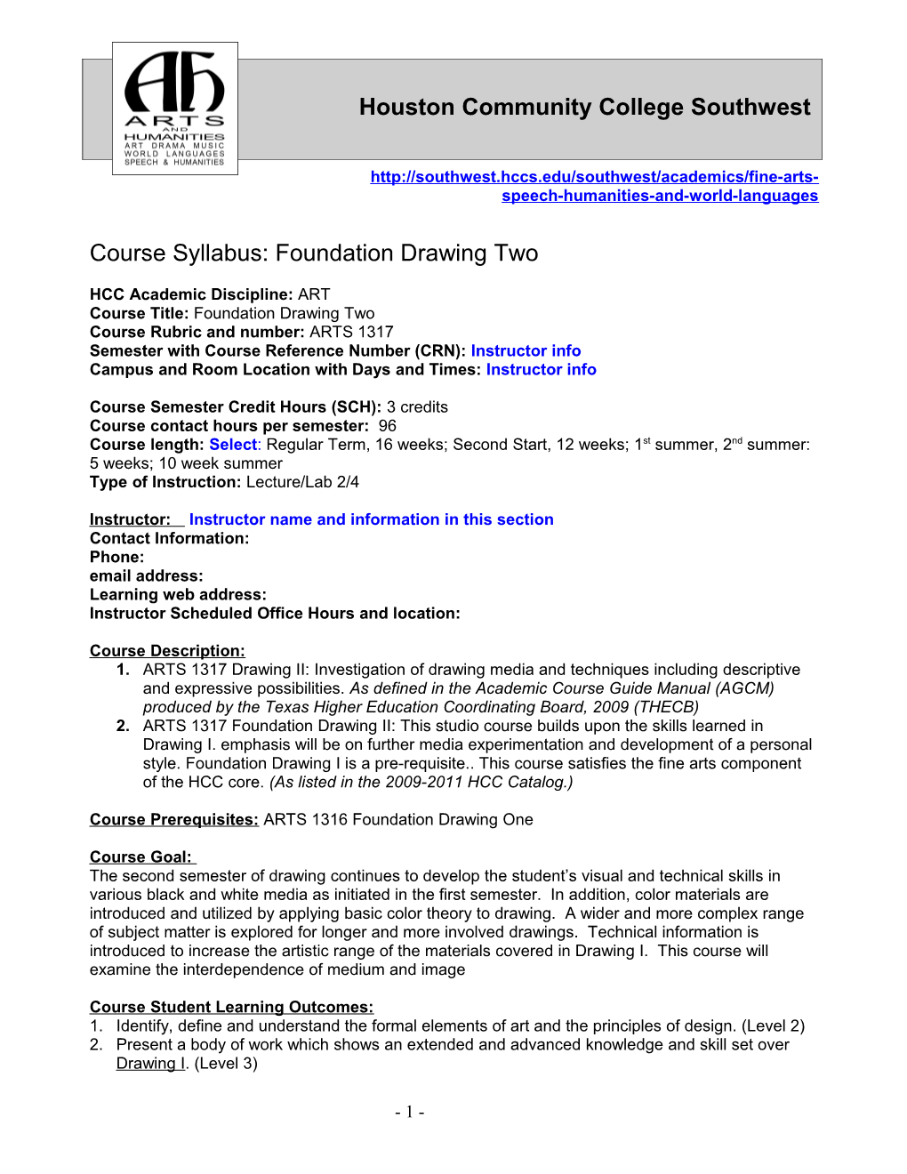 Course Syllabus: Foundation Drawing Two s1