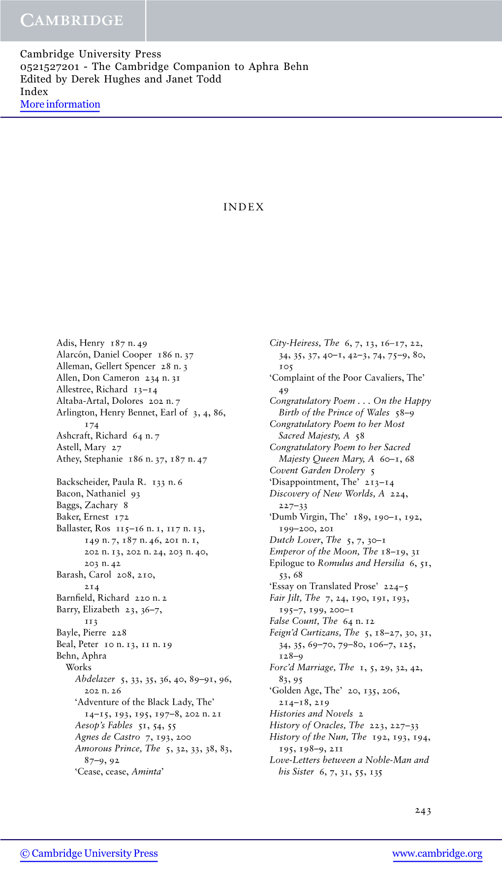 The Cambridge Companion to Aphra Behn Edited by Derek Hughes and Janet Todd Index More Information