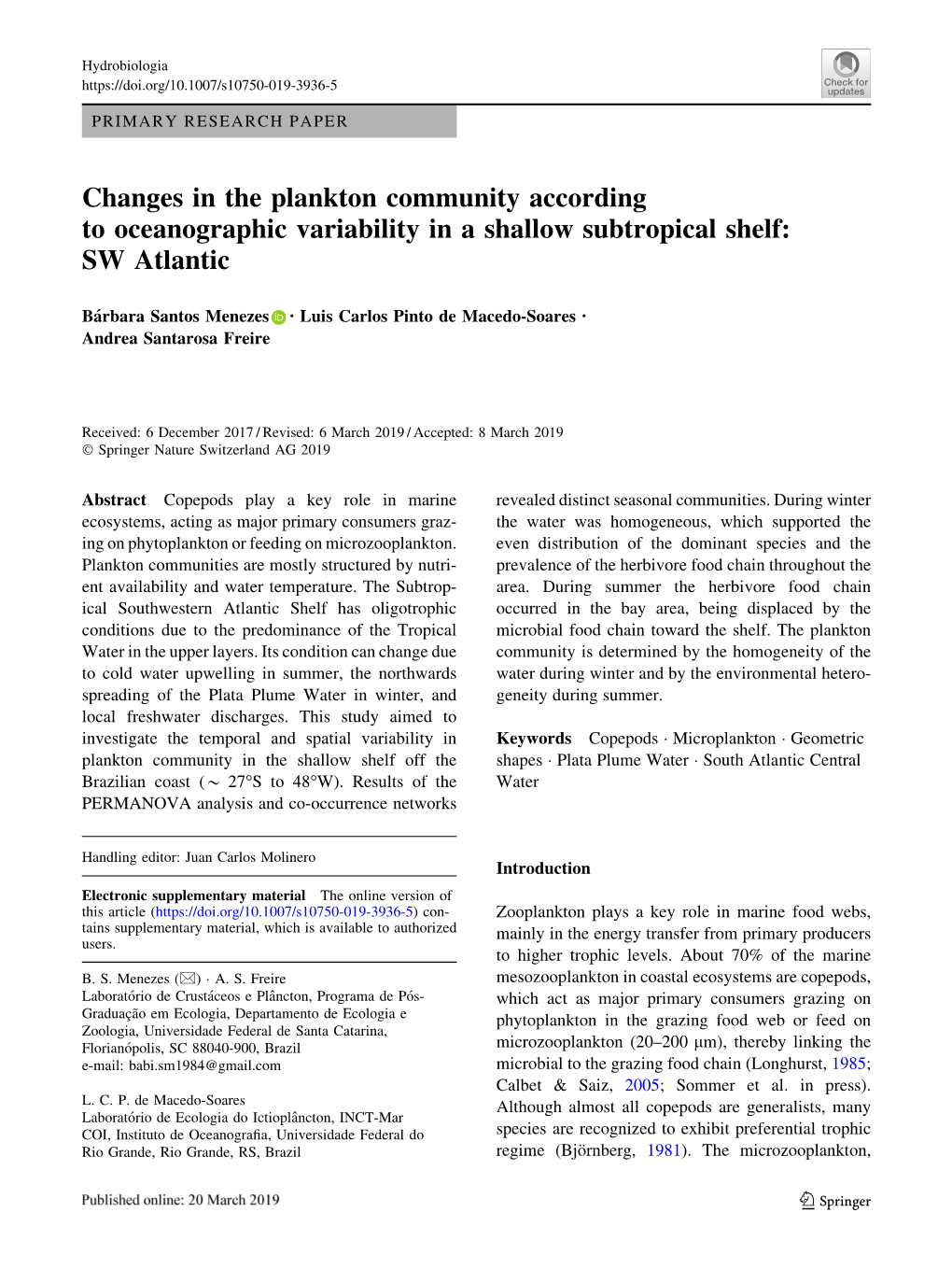 Changes in the Plankton Community According to Oceanographic Variability in a Shallow Subtropical Shelf: SW Atlantic