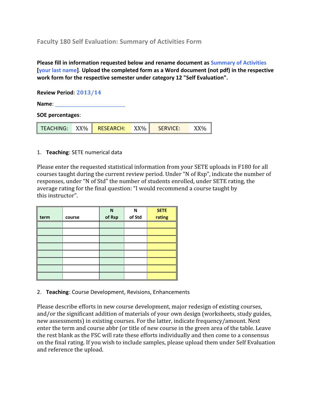 Faculty 180 Self Evaluation: Summary of Activities Form