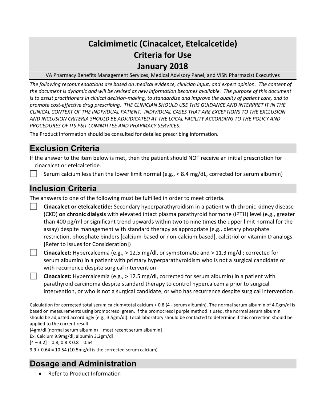 Calcimimetic (Cinacalcet, Etelcalcetide) Criteria for Use January 2018