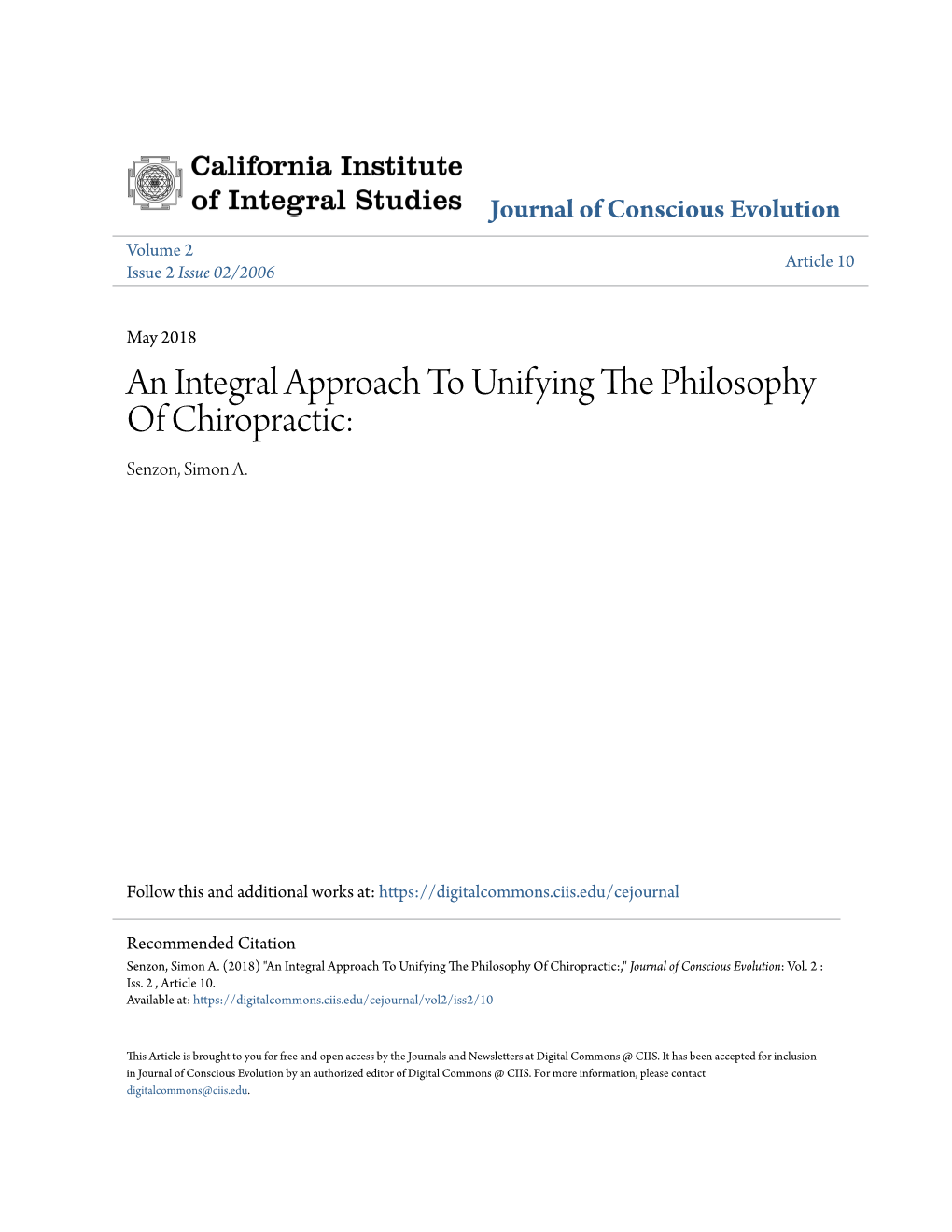 An Integral Approach to Unifying the Philosophy of Chiropractic