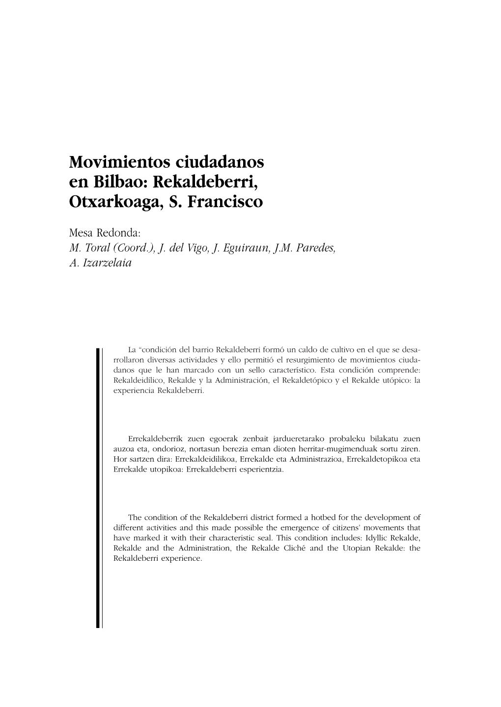 Movimientos Ciudadanos En Bilbao: Rekaldeberri, Otxarkoaga, S