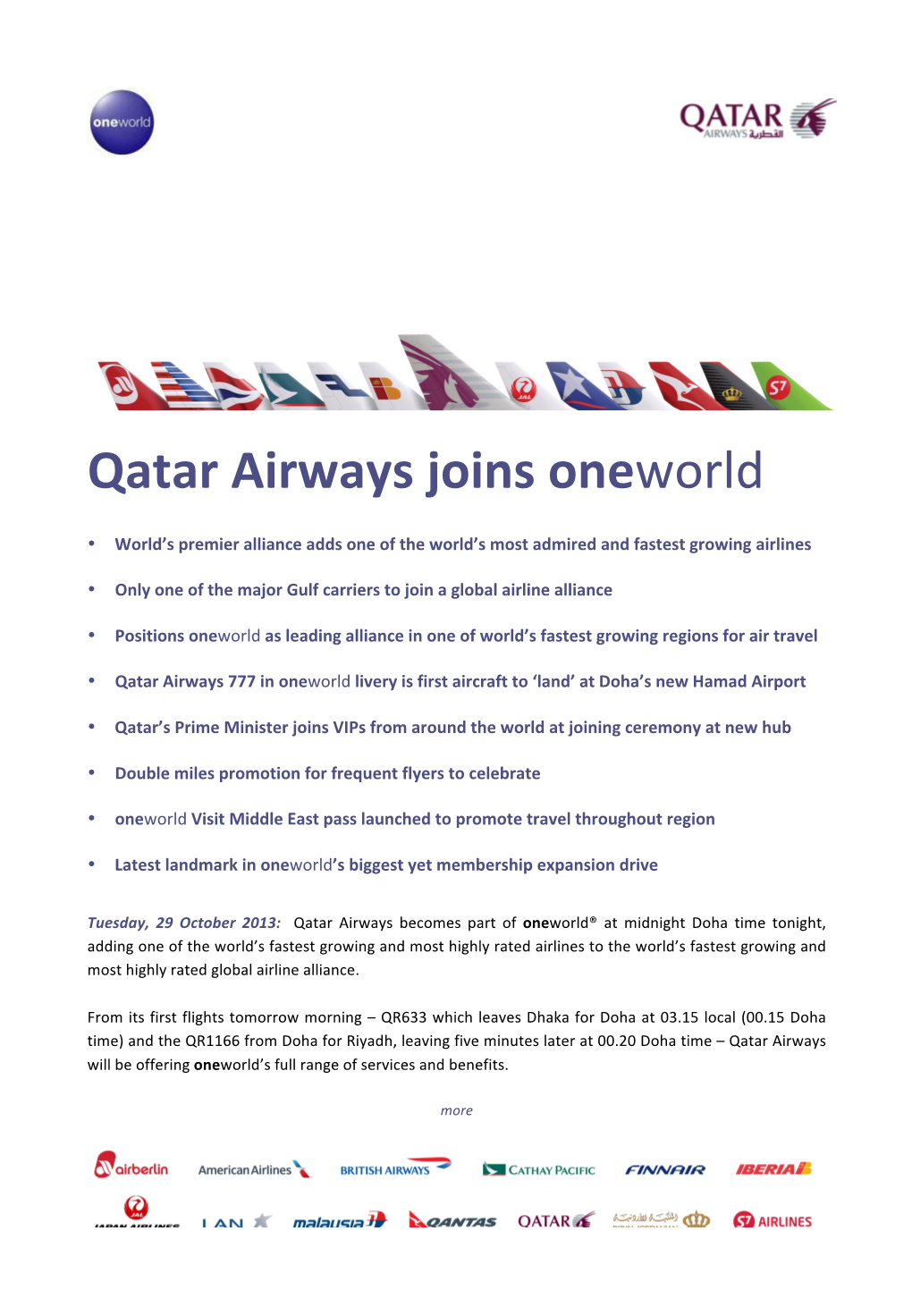 Qatar Airways Joins Oneworld