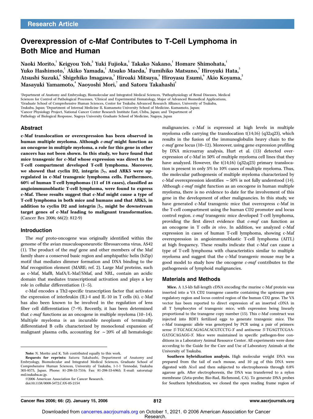 Overexpression of C-Maf Contributes to T-Cell Lymphoma in Both Mice and Human