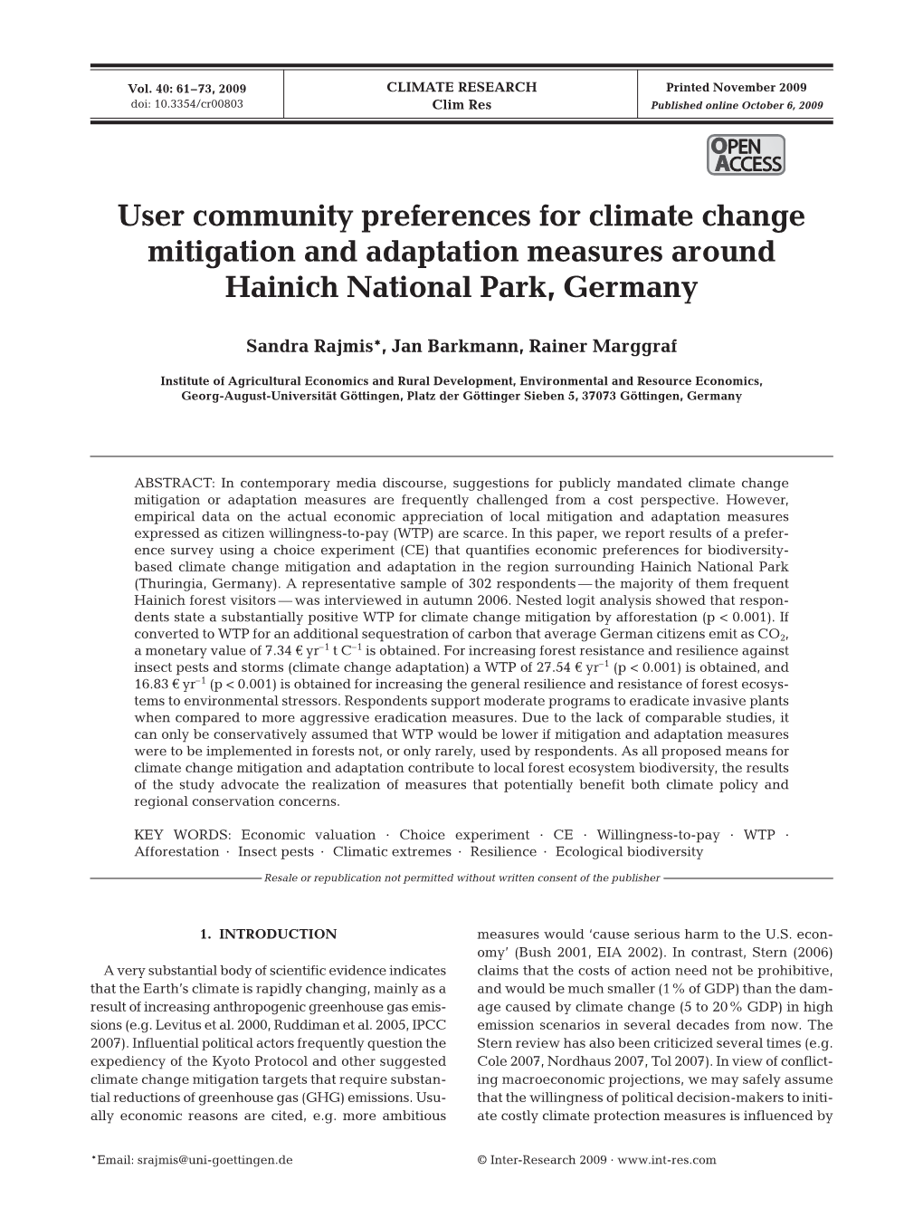 User Community Preferences for Climate Change Mitigation and Adaptation Measures Around Hainich National Park, Germany