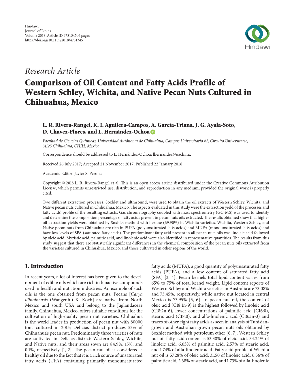 Comparison of Oil Content and Fatty Acids Profile of Western Schley, Wichita, and Native Pecan Nuts Cultured in Chihuahua, Mexico