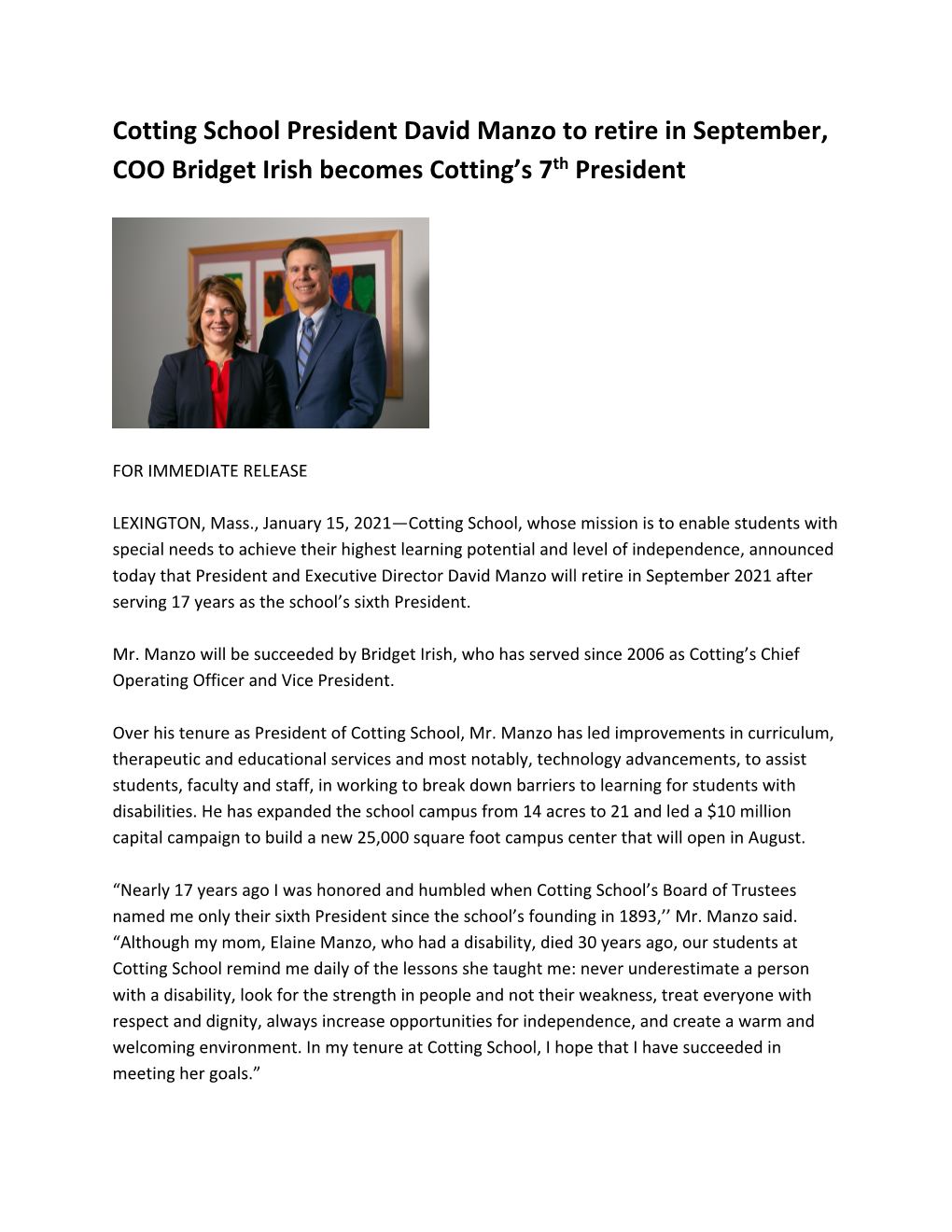 Cotting School President David Manzo to Retire in September, COO Bridget Irish Becomes Cotting’S 7Th President
