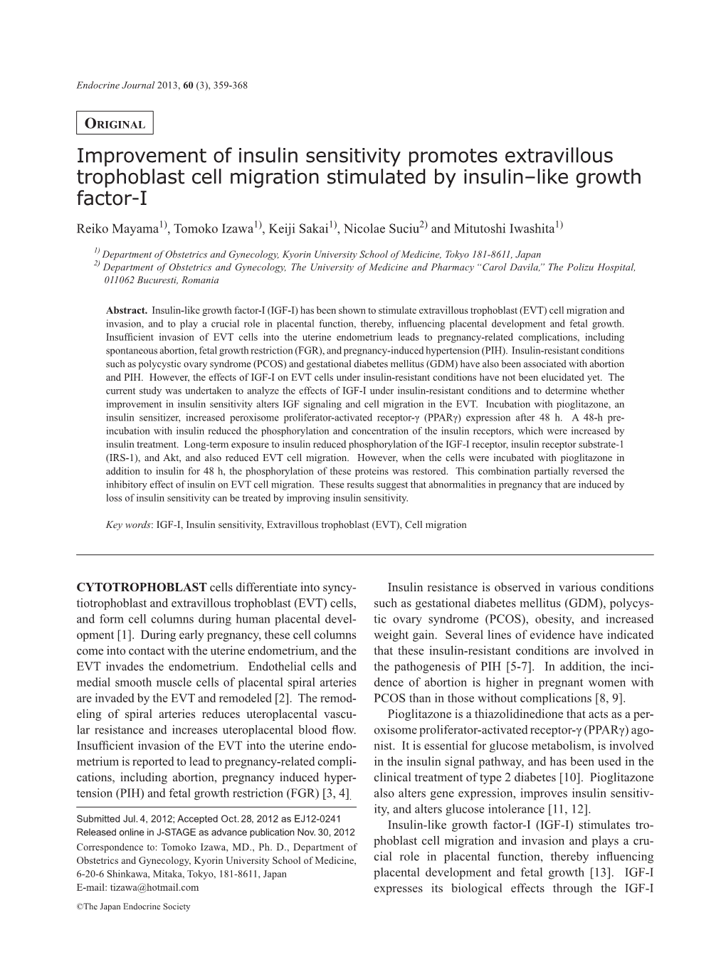 Improvement of Insulin Sensitivity Promotes Extravillous Trophoblast Cell Migration Stimulated by Insulin–Like Growth Factor-I