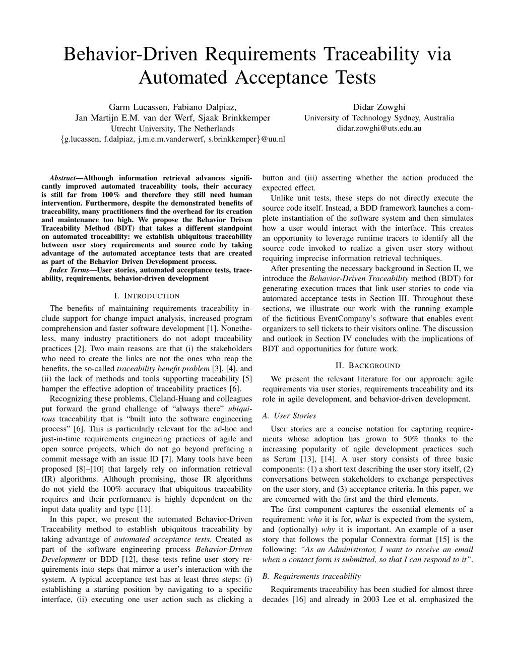 Behavior-Driven Requirements Traceability Via Automated Acceptance Tests