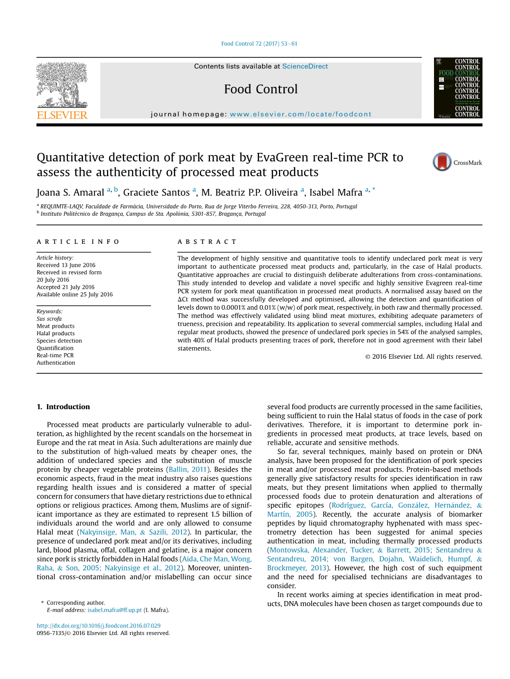 Quantitative Detection of Pork Meat by Evagreen Real-Time PCR to Assess the Authenticity of Processed Meat Products