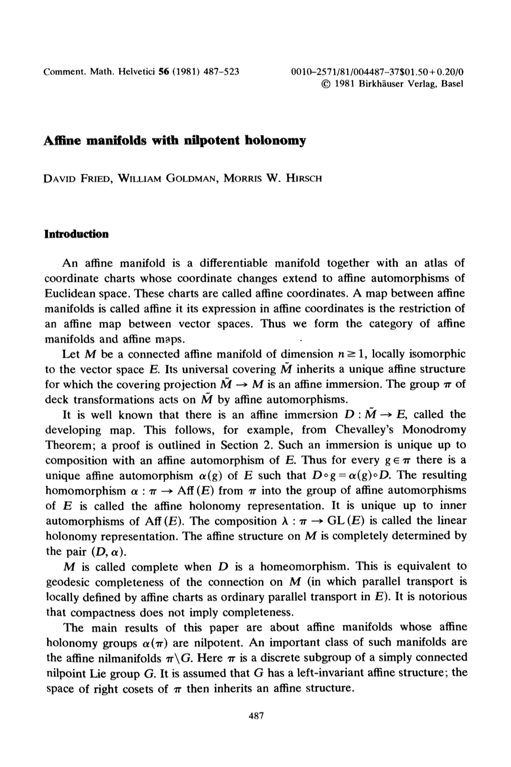 Affine Manifolds with Nilpotent Holonomy 489