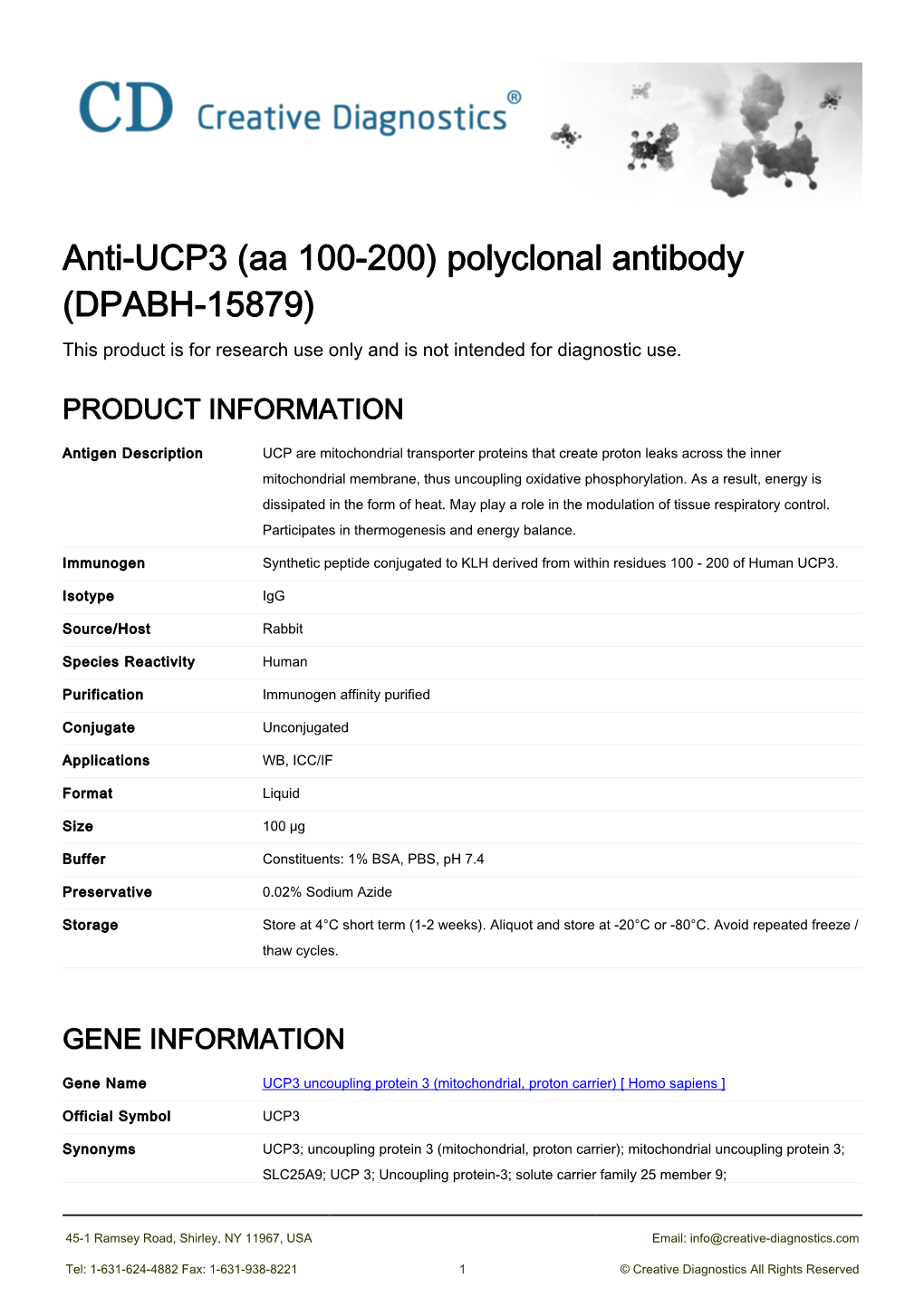 Anti-UCP3 (Aa 100-200) Polyclonal Antibody (DPABH-15879) This Product Is for Research Use Only and Is Not Intended for Diagnostic Use