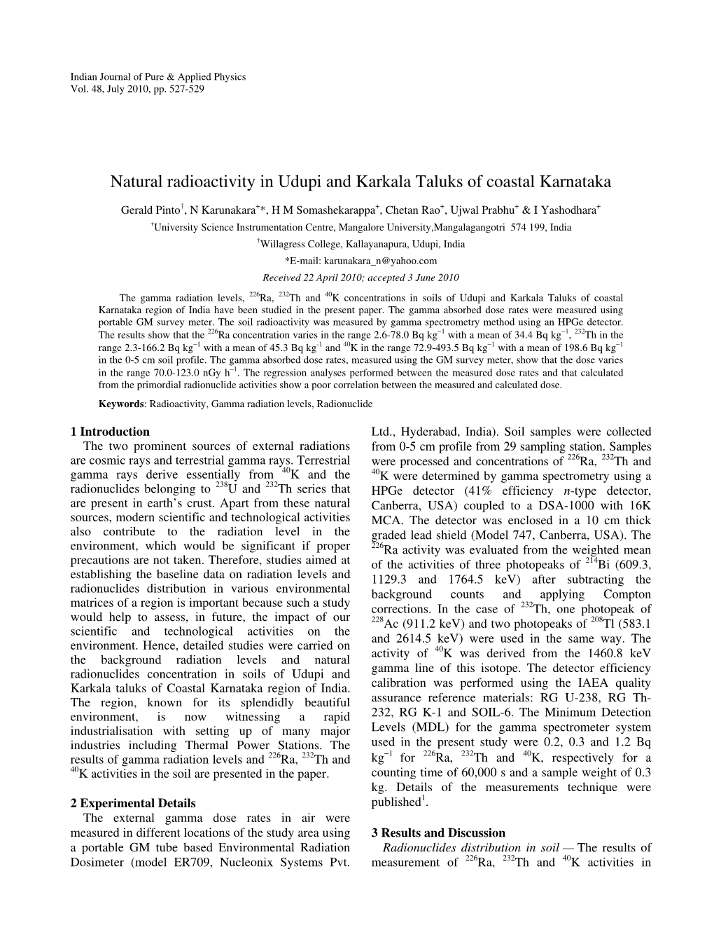 Natural Radioactivity in Udupi and Karkala Taluks of Coastal Karnataka