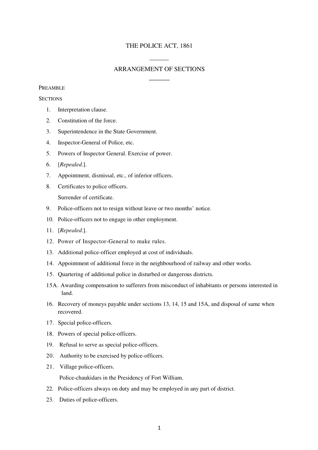 The Police Act, 1861 ___Arrangement of Sections