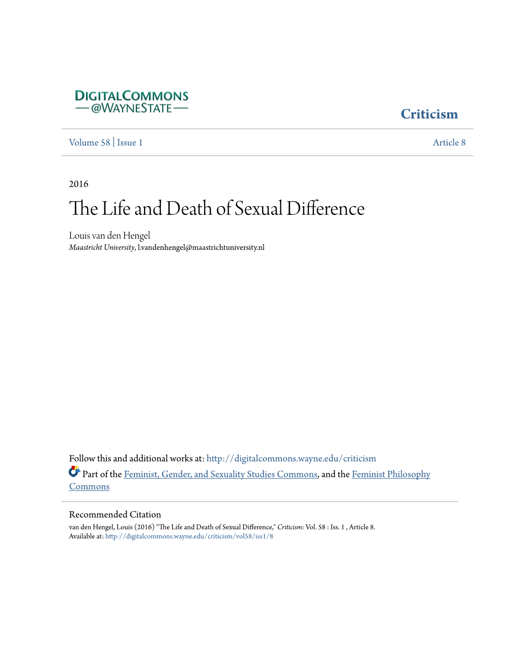 The Life and Death of Sexual Difference Louis Van Den Hengel Maastricht University, L.Vandenhengel@Maastrichtuniversity.Nl