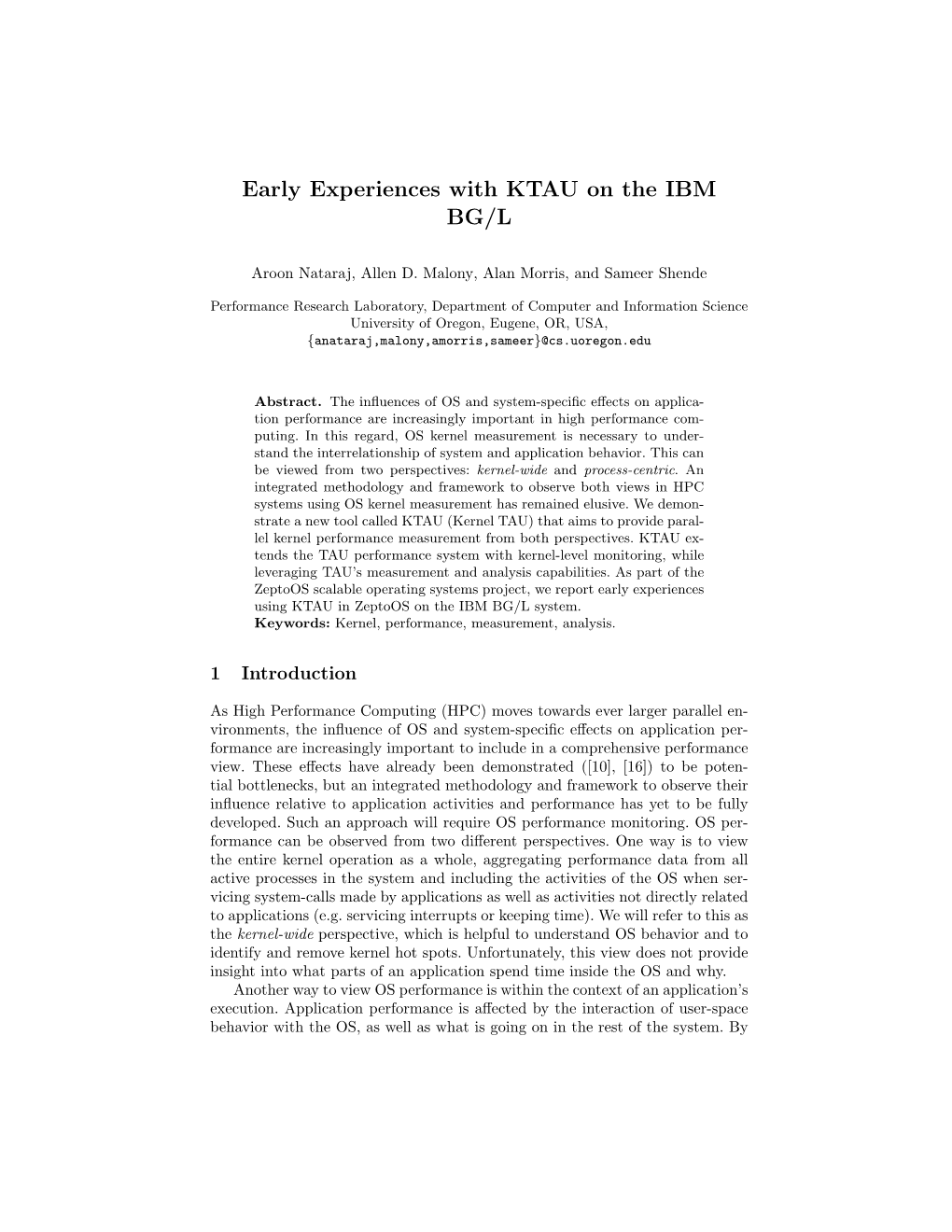 Early Experiences with KTAU on the IBM BG/L