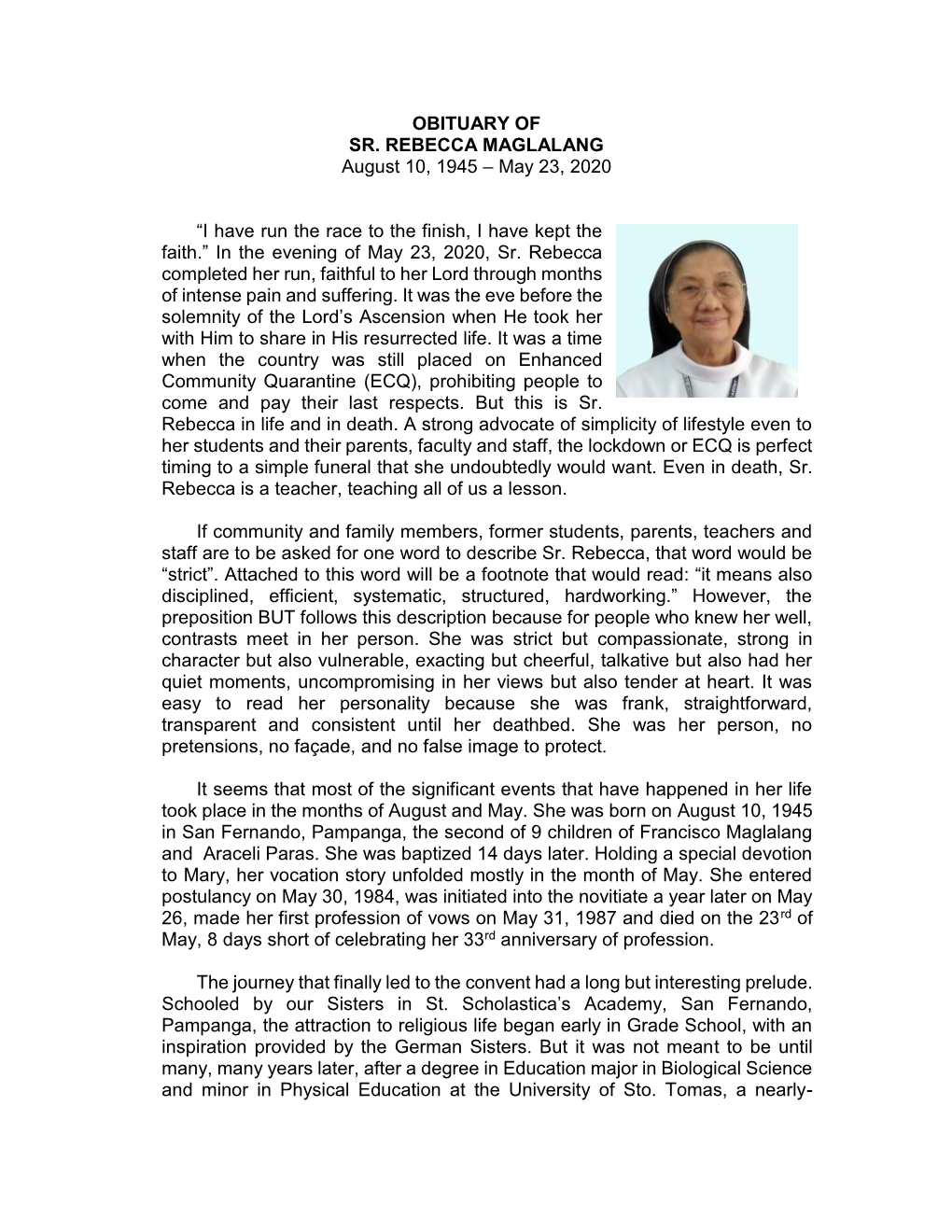 OBITUARY of SR. REBECCA MAGLALANG August 10, 1945 – May 23, 2020