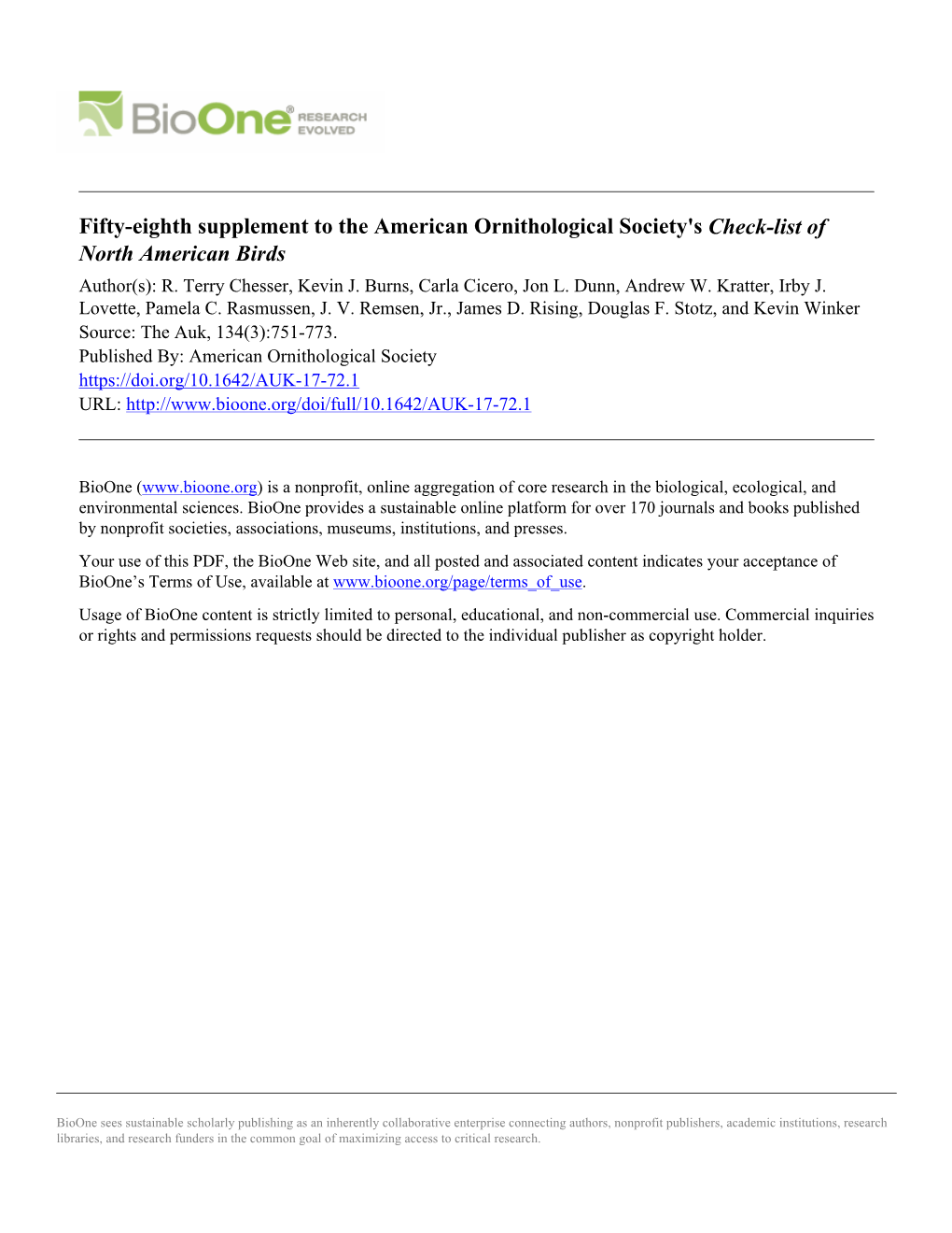 Fifty-Eighth Supplement to the American Ornithological Society's Check-List of North American Birds Author(S): R