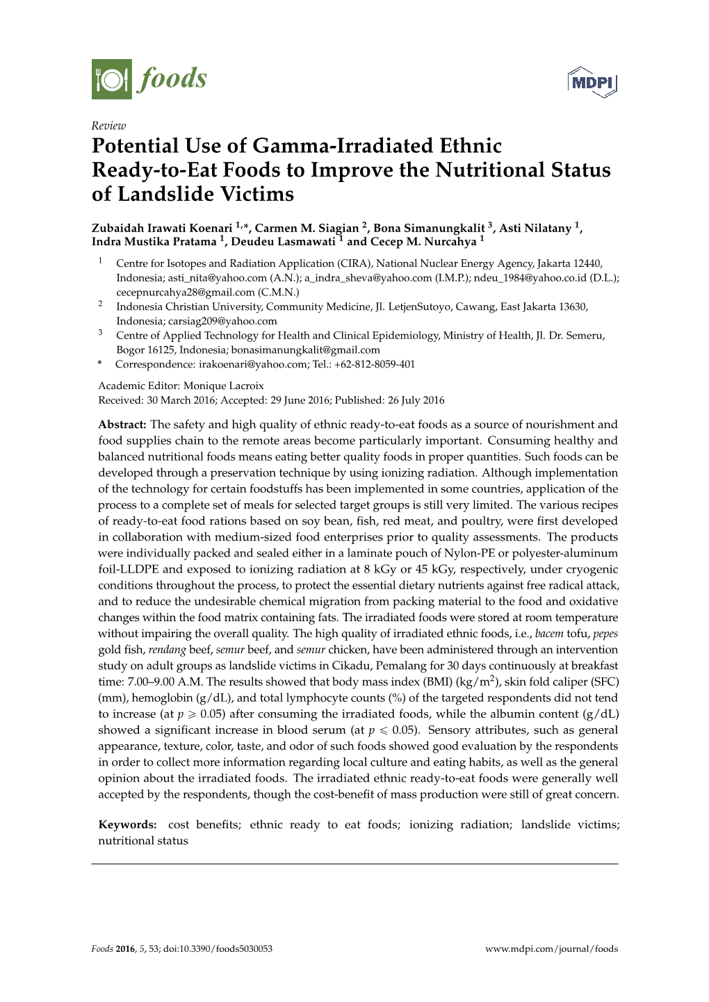 Potential Use of Gamma-Irradiated Ethnic Ready-To-Eat Foods to Improve the Nutritional Status of Landslide Victims