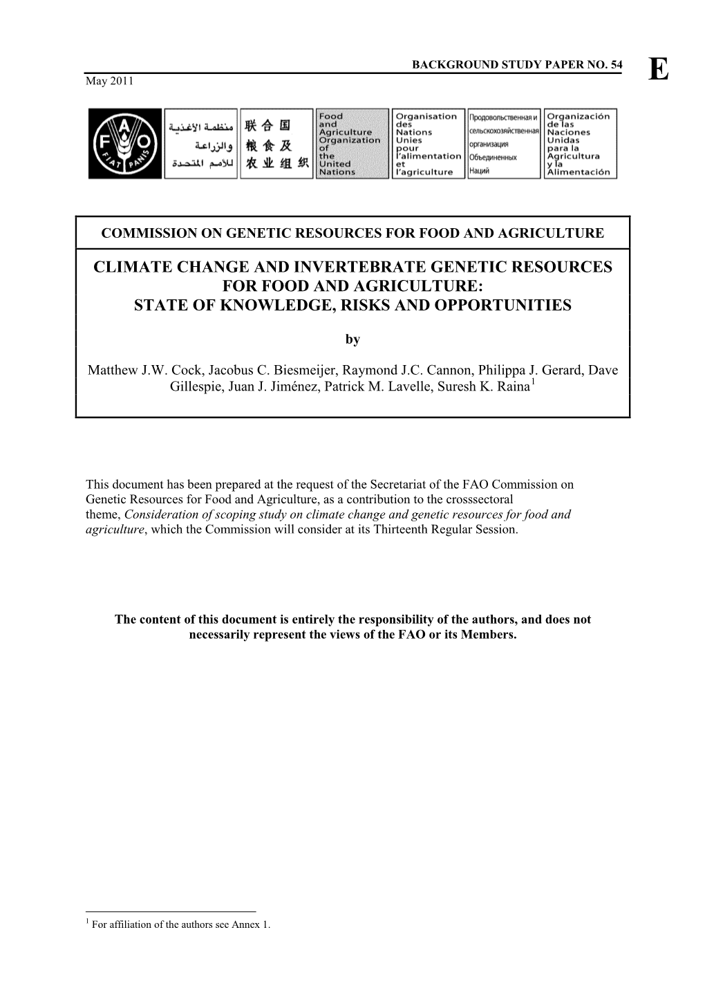 Climate Change and Invertebrate Genetic Resources for Food and Agriculture: State of Knowledge, Risks and Opportunities